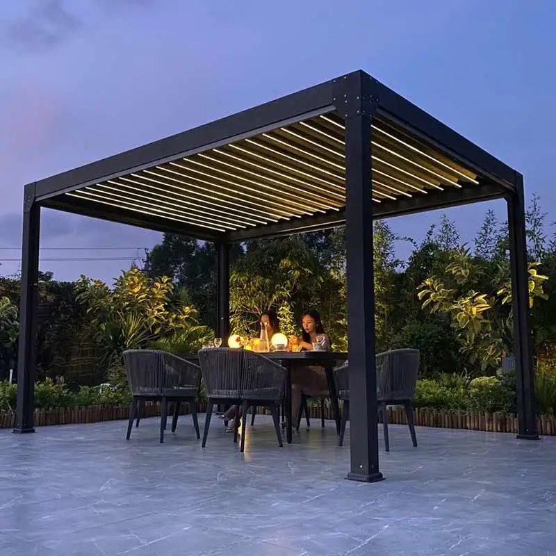 New Design Outdoor Garden/Party/Camping/SPA/BBQ Furniture Pergola Aluminium Outdoor Gazebo with Awning Cover Electric Open Patio Roof Louvred Remote Control